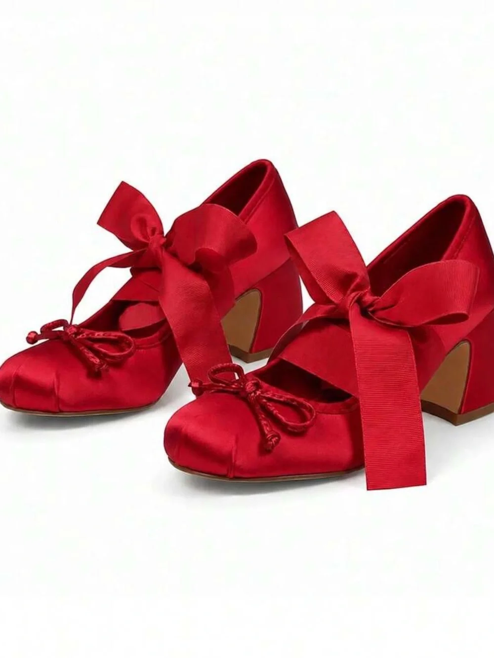 Ballet High Heel Pumps For Women Mary Janes Lace Up Chunky Heels With Bow Satin